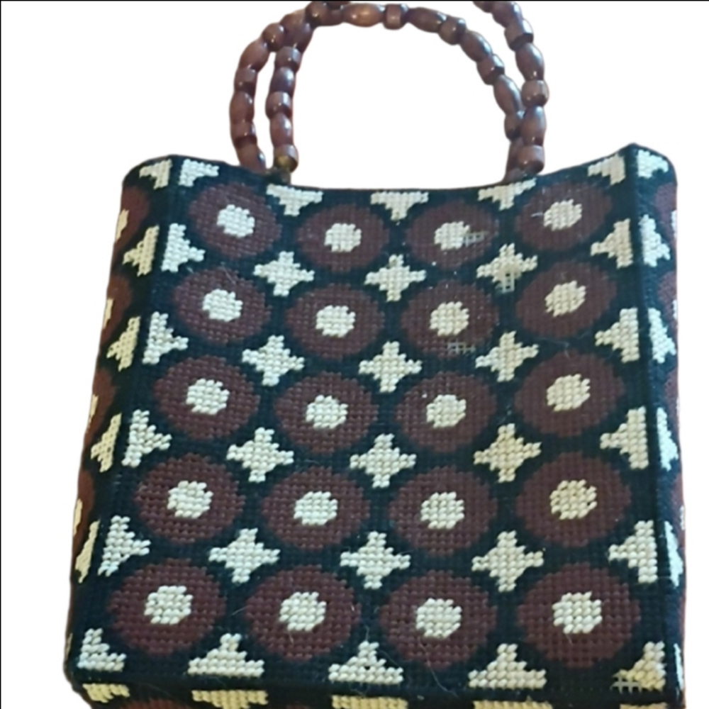 Handmade ? Black/ Brown / Cream Tote with Wooden Handles. Unique.